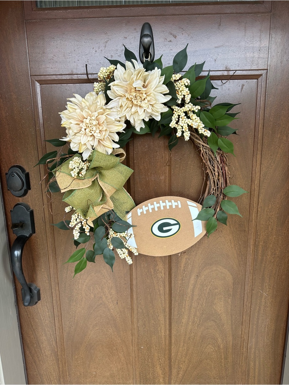 Green Bay Packers Inspired Cream and Green Football Wreath FREE SHIPPING